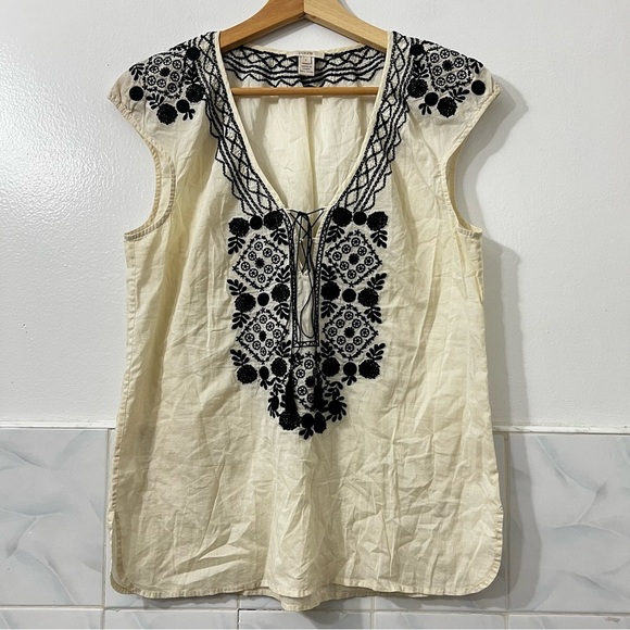 J Crew S Cream 100% Cotton Embroidered Festival Boho Ethnic Sheer Cap Sleeve Top - Picture 1 of 9